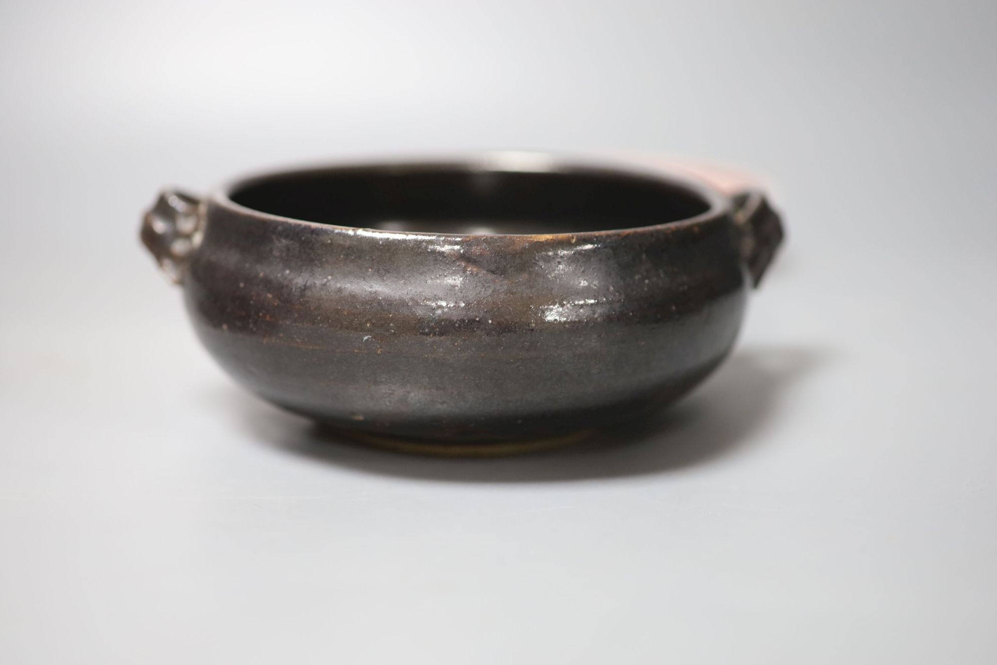 A Chinese Henan style censer, a Jun type censer censers and a polychrome dish, longest 22cm